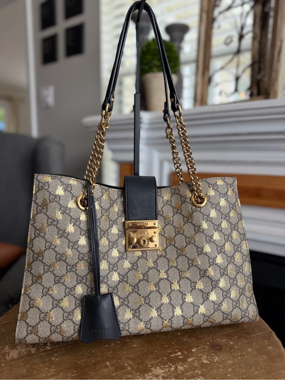 Gucci GG Supreme Bee Padlock Medium Tote with gold hardware